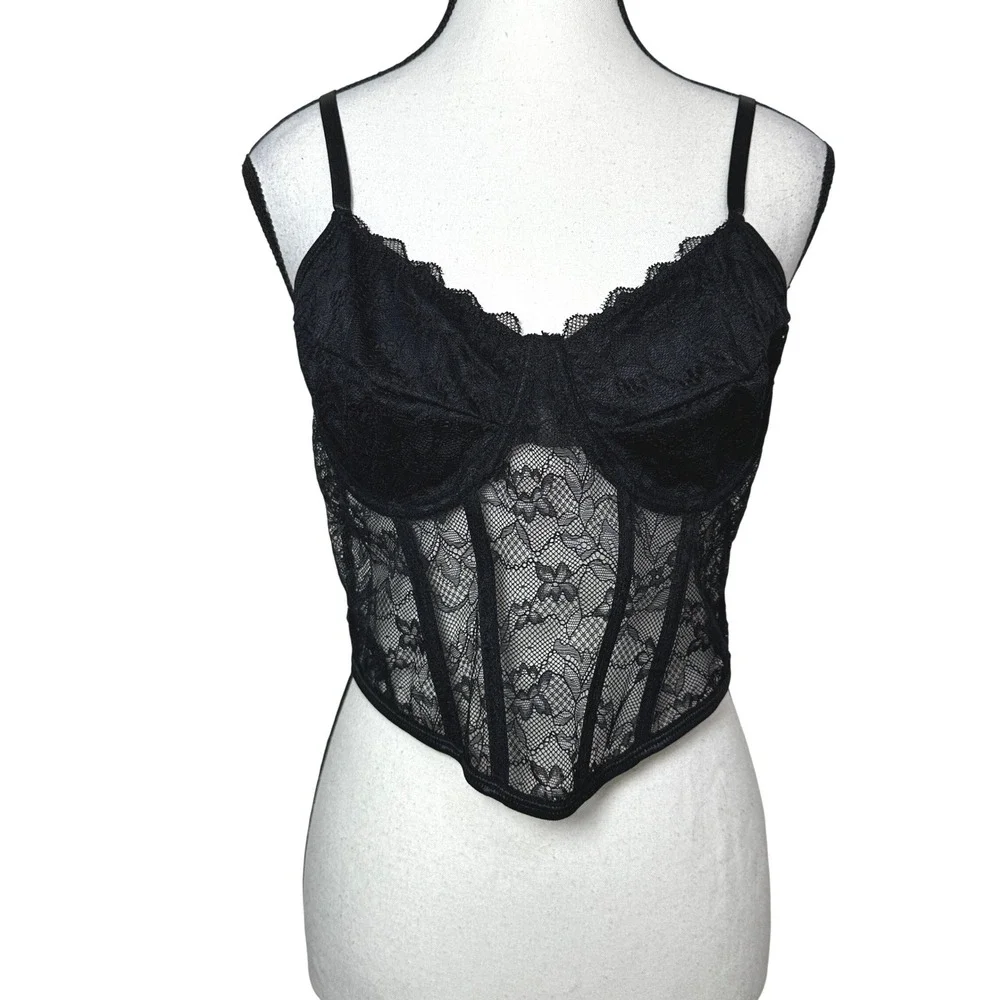 SHEIN CURVE Black Lace Sheer Corset Bustier Top 1XL Gothic Witchy Whimsy Sexy